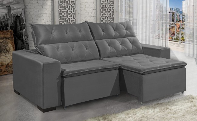 Sofá Retrátil e Reclinável DUBAI 1,90m com Pillow de 8cm Velusoft D33 Cor "CINZA" - ESTILO ESTOFADOS