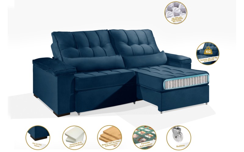 Sofá Retrátil e Reclinável 2.50m ESTILO ESTOFADOS - MOSCOU com SoftGel D33 Velusoft "Azul" Sofá Retrátil e Reclinável 2.50m ESTILO ESTOFADOS - MOSCOU com SoftGel D33 Velusoft "Azul"