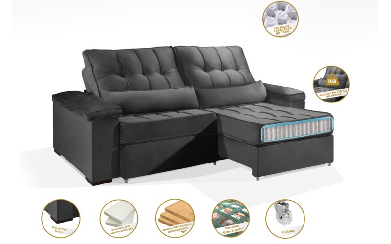 Sofá Retrátil e Reclinável 2.50m ESTILO ESTOFADOS - MOSCOU com SoftGel D33 Velusoft "Cinza" Sofá Retrátil e Reclinável 2.50m ESTILO ESTOFADOS - MOSCOU com SoftGel D33 Velusoft "Cinza"