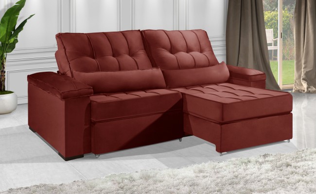 Sofá Retrátil e Reclinável 2.20m ESTILO ESTOFADOS - MOSCOU com SoftGel D33 Velusoft "Vermelho"