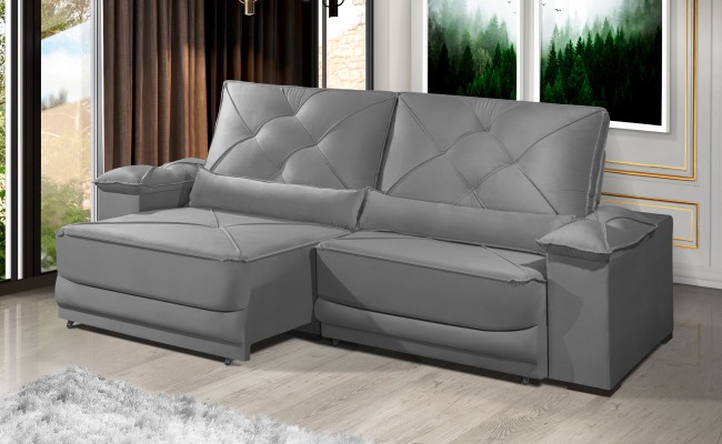 Sofá Retrátil e Reclinável 2.20m ESTILO ESTOFADOS - ODIN com SoftGel D33 Velusoft "Cinza"