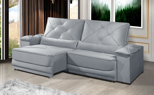 Sofá Retrátil e Reclinável 2.20m ESTILO ESTOFADOS - ODIN com SoftGel D33 Velusoft "Prata"
