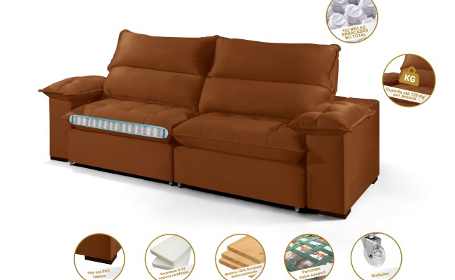 Sofá Retrátil e Reclinável 2.50m ESTILO ESTOFADOS - OSLO com SoftGel D33 Velusoft "Terracota"