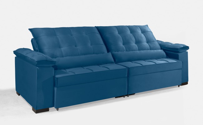 Sofá Retrátil e Reclinável RENEW 2.50m ESTILO ESTOFADOS - França Velusoft Cor "Azul"