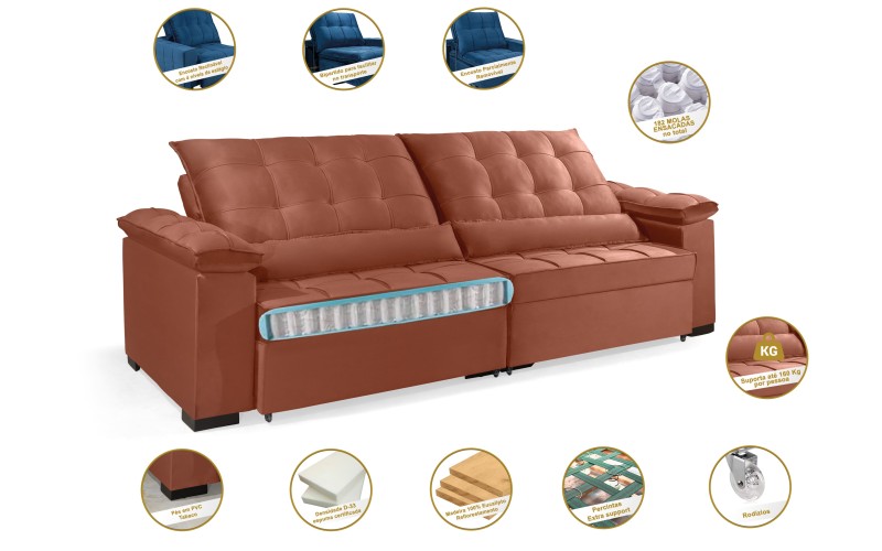 Sofá Retrátil e Reclinável RENEW 2.30m ESTILO ESTOFADOS - França Velusoft Cor "Terracota" Sofá Retrátil e Reclinável RENEW 2.30m ESTILO ESTOFADOS - França Velusoft Cor "Terracota"