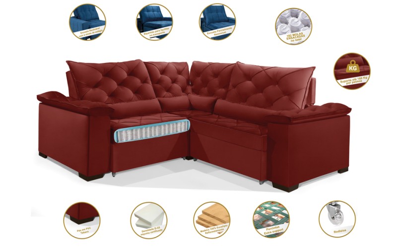 Sofá Retrátil Reclinável BERLIM DE CANTO 2.50 x 2.50 ESTILO ESTOFADOS - França Velusoft COR "VERMELHO" Sofá Retrátil Reclinável BERLIM DE CANTO 2.50 x 2.50 ESTILO ESTOFADOS - França Velusoft COR "VERMELHO"