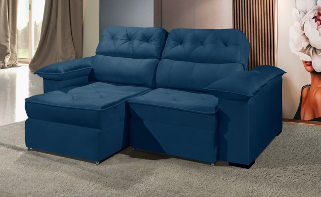 Sofá Retrátil Reclinável DOA 2.50m ESTILO ESTOFADOS - França Velusoft COR "AZUL"