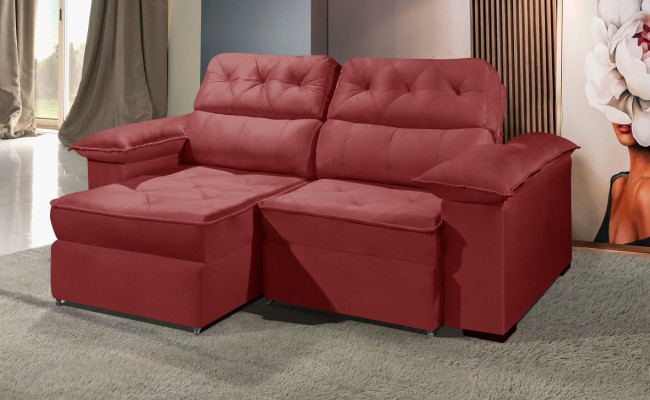 Sofá Retrátil Reclinável DOA 2.50m ESTILO ESTOFADOS - França Velusoft COR "VERMELHO"