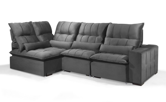 Sofá Retrátil Reclinável ELLOA DE CANTO COM CHAISE 3.25 x 1.80m ESTILO ESTOFADOS - Inca Velusoft COR "CINZA"