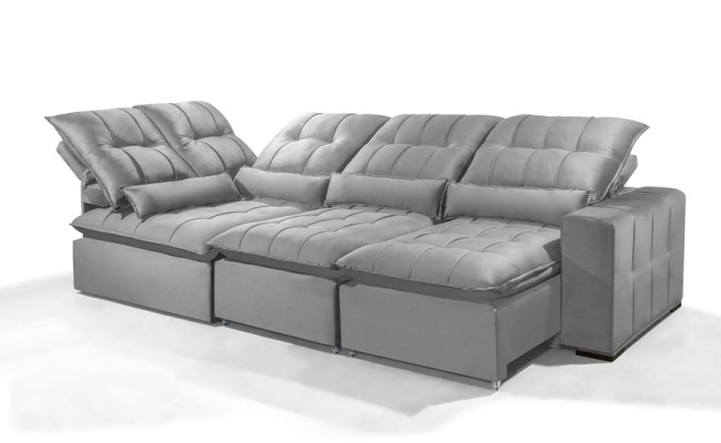 Sofá Retrátil Reclinável ELLOA DE CANTO COM CHAISE 3.05 x 1.80m ESTILO ESTOFADOS - Inca Velusoft COR "PRATA"