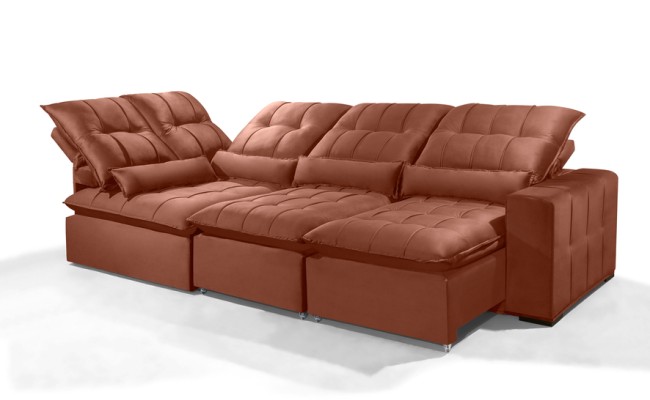 Sofá Retrátil Reclinável ELLOA DE CANTO COM CHAISE 3.05 x 1.80m ESTILO ESTOFADOS - Inca Velusoft COR "TERRA COTA"