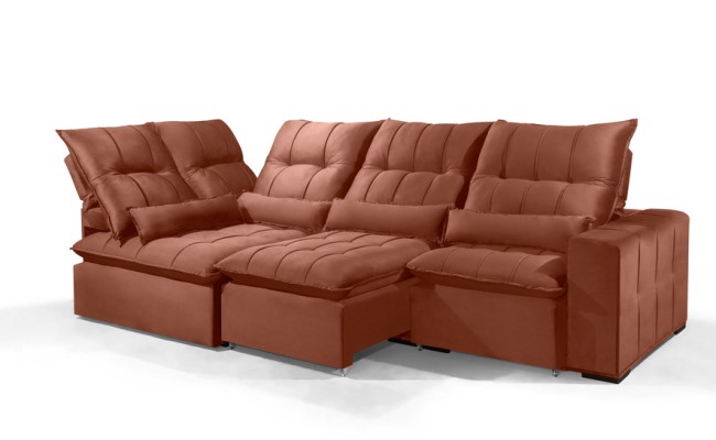 Sofá Retrátil Reclinável ELLOA DE CANTO COM CHAISE 3.25 x 1.80m ESTILO ESTOFADOS - Inca Velusoft COR "TERRA COTA"