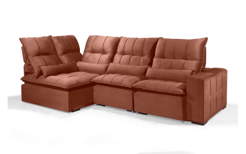 Sofá Retrátil Reclinável ELLOA DE CANTO COM CHAISE 3.25 x 1.80m ESTILO ESTOFADOS - Inca Velusoft COR "TERRA COTA" Sofá Retrátil Reclinável ELLOA DE CANTO COM CHAISE 3.25 x 1.80m ESTILO ESTOFADOS - Inca Velusoft COR "TERRA COTA"