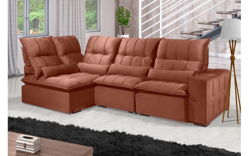 Sofá Retrátil Reclinável ELLOA DE CANTO COM CHAISE 3.25 x 1.80m ESTILO ESTOFADOS - Inca Velusoft COR "TERRA COTA" Sofá Retrátil Reclinável ELLOA DE CANTO COM CHAISE 3.25 x 1.80m ESTILO ESTOFADOS - Inca Velusoft COR "TERRA COTA"