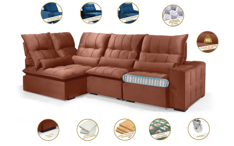 Sofá Retrátil Reclinável ELLOA DE CANTO COM CHAISE 3.25 x 1.80m ESTILO ESTOFADOS - Inca Velusoft COR "TERRA COTA" Sofá Retrátil Reclinável ELLOA DE CANTO COM CHAISE 3.25 x 1.80m ESTILO ESTOFADOS - Inca Velusoft COR "TERRA COTA"