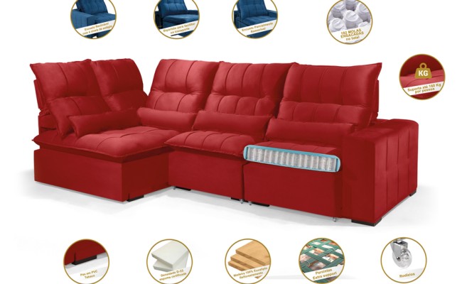 Sofá Retrátil Reclinável ELLOA DE CANTO COM CHAISE 3.25 x 1.80m ESTILO ESTOFADOS - Inca Velusoft COR "VERMELHO"