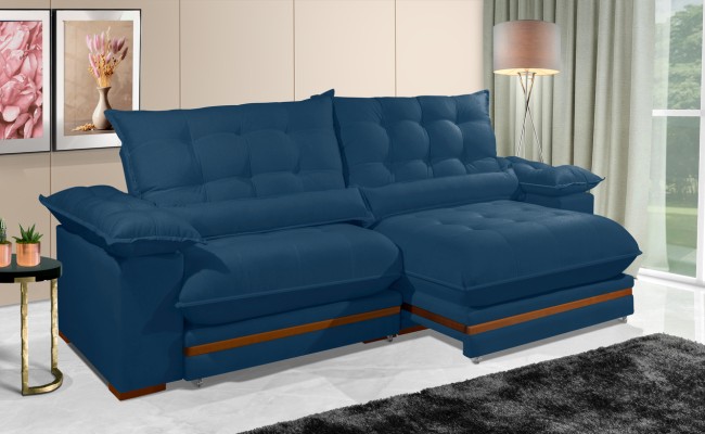 Sofá Retrátil Reclinável IRÃ 2.50m ESTILO ESTOFADOS - França Velusoft COR "AZUL"