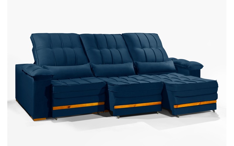 Sofá Retrátil Reclinável MORFEU 3 módulos 3,05m ESTILO ESTOFADOS - França Velusoft COR "AZUL"