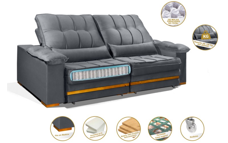 Sofá Retrátil Reclinável MORFEU 2.90m ESTILO ESTOFADOS - França Velusoft COR "CINZA" Sofá Retrátil Reclinável MORFEU 2.90m ESTILO ESTOFADOS - França Velusoft COR "CINZA"