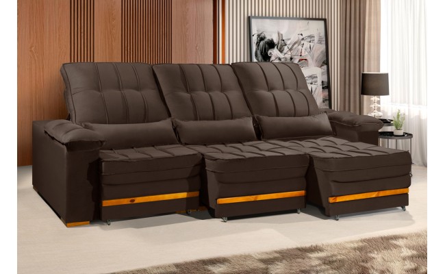 Sofá Retrátil Reclinável MORFEU 3 módulos 4,10m ESTILO ESTOFADOS - França Velusoft COR "MARROM"