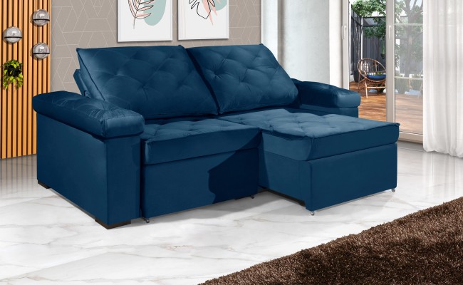 Sofá Retrátil e Reclinável 2.20m ESTILO ESTOFADOS - STAMBULL com SoftGel D33 Velusoft "Azul"