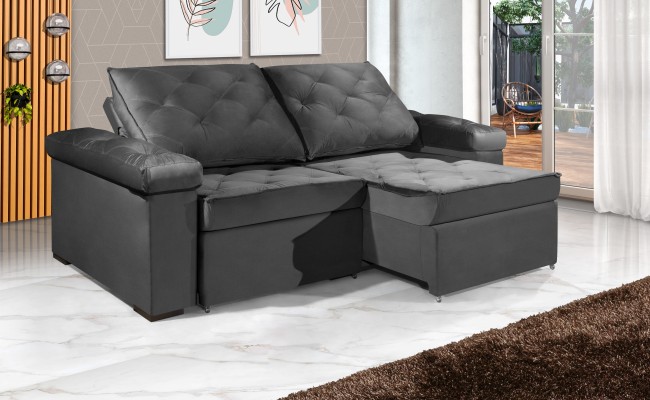 Sofá Retrátil e Reclinável 2.20m ESTILO ESTOFADOS - STAMBULL com SoftGel D33 Velusoft "Cinza"