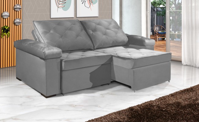 Sofá Retrátil e Reclinável 2.20m ESTILO ESTOFADOS - STAMBULL com SoftGel D33 Velusoft "Prata"