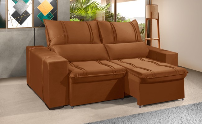 Sofá Retrátil e Reclinável 2.20m ESTILO ESTOFADOS - THOR com SoftGel D33 Velusoft "Terracota"