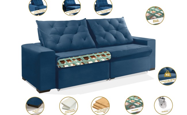 Sofá Retrátil e Reclinável 2,70m ESTILO ESTOFADOS - EUROPA com SoftGel D33 Velupluma "Azul"