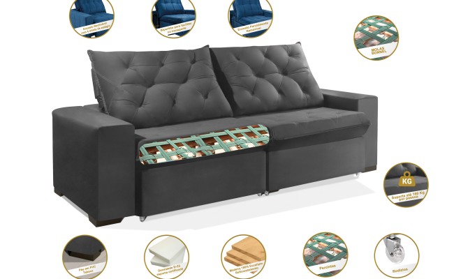 Sofá Retrátil e Reclinável 2.30m ESTILO ESTOFADOS - EUROPA com SoftGel D33 Velupluma "Cinza"
