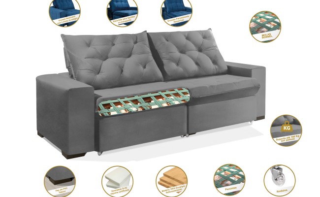 Sofá Retrátil e Reclinável 2.30m ESTILO ESTOFADOS - EUROPA com SoftGel D33 Velupluma "Prata"