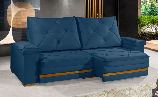 Sofá Retrátil Reclinável GANA 2,90m ESTILO ESTOFADOS - França Velusoft COR "AZUL"