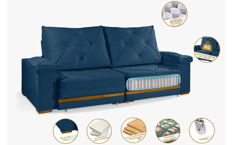 Sofá Retrátil Reclinável GANA 2,90m ESTILO ESTOFADOS - França Velusoft COR "AZUL" Sofá Retrátil Reclinável GANA 2,90m ESTILO ESTOFADOS - França Velusoft COR "AZUL"