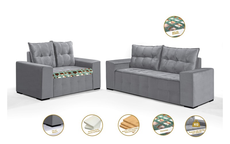 Conjunto Sofá de Veludo 3 e 2 lugares ESTILO ESTOFADOS Las Vegas 2,00x1,50m "Prata" Conjunto Sofá de Veludo 3 e 2 lugares ESTILO ESTOFADOS Las Vegas 2,00x1,50m "Prata"