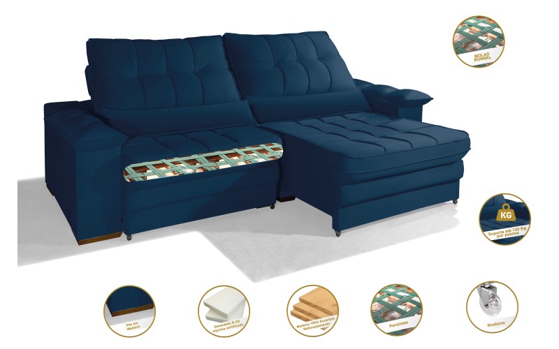 Sofá Retrátil Reclinável LAUS 2.20m ESTILO ESTOFADOS - França Velusoft COR "AZUL" Sofá Retrátil Reclinável LAUS 2.20m ESTILO ESTOFADOS - França Velusoft COR "AZUL"