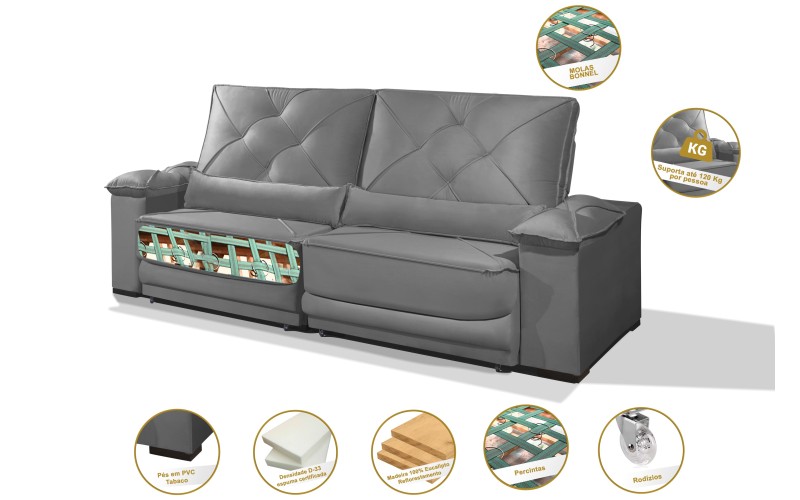 Sofá Retrátil e Reclinável 2.50m ESTILO ESTOFADOS - ODIN com SoftGel D33 Velusoft "Cinza" Sofá Retrátil e Reclinável 2.50m ESTILO ESTOFADOS - ODIN com SoftGel D33 Velusoft "Cinza"