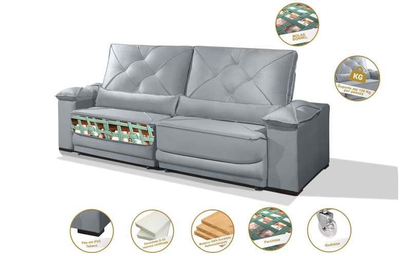 Sofá Retrátil e Reclinável 2.50m ESTILO ESTOFADOS - ODIN com SoftGel D33 Velusoft "Prata" Sofá Retrátil e Reclinável 2.50m ESTILO ESTOFADOS - ODIN com SoftGel D33 Velusoft "Prata"