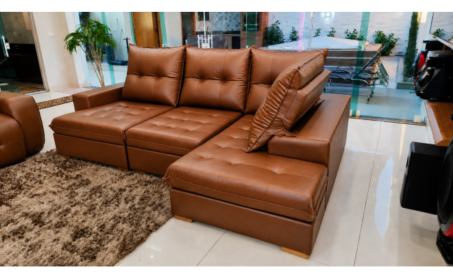  Sofá de Canto Viena em Couro Ecológico 2,98x2,10 | Chaise Retrátil e Reclinável